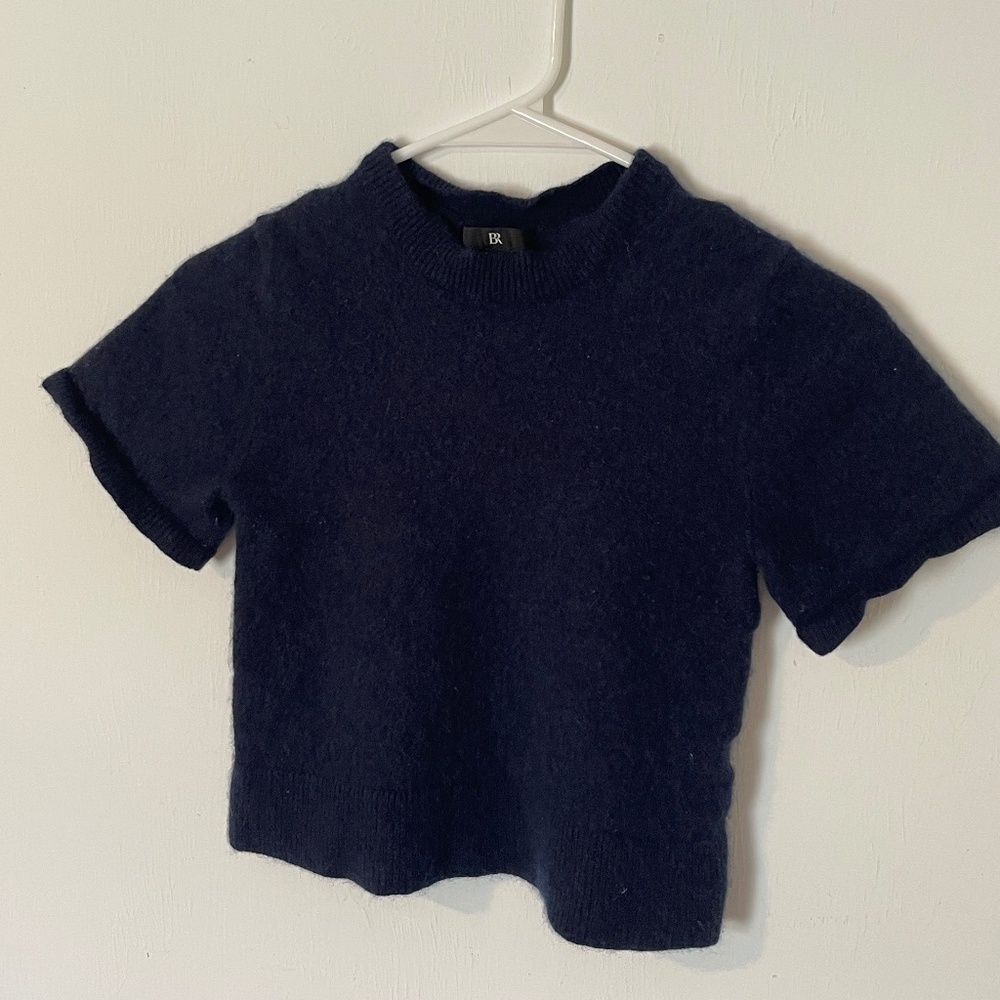 BR 90s Y2K 100% Cashmere Navy Short Sleeve Knit Sweater XXS Luxe Minimalist